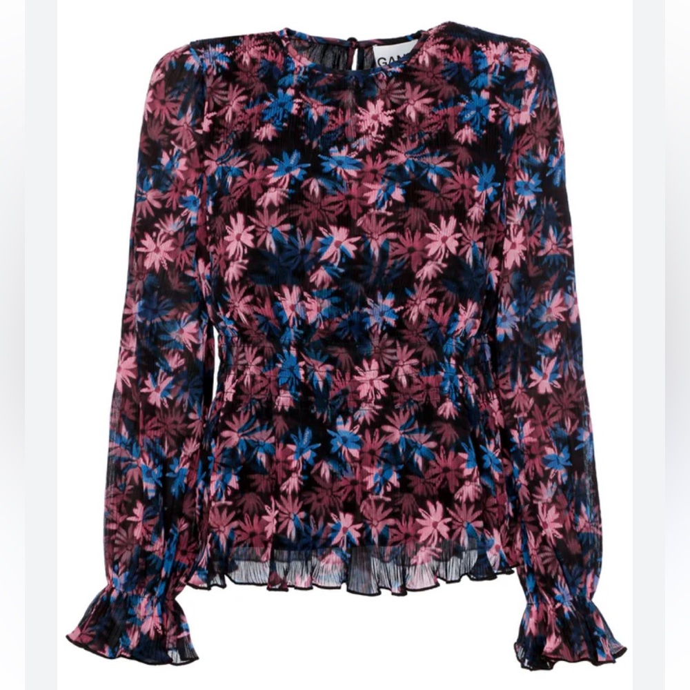 NWT 🌟GANNI🌟 PLEATED FLORAL PRINTED PEPLUM SMOCKED BLOUSE SZ 32 or 0